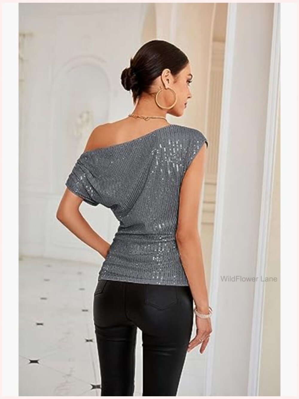 One Shoulder Sequin Sparkly Top Ruched Asymmetrical Glitter Party Shirt Slimming - Picture 3 of 7